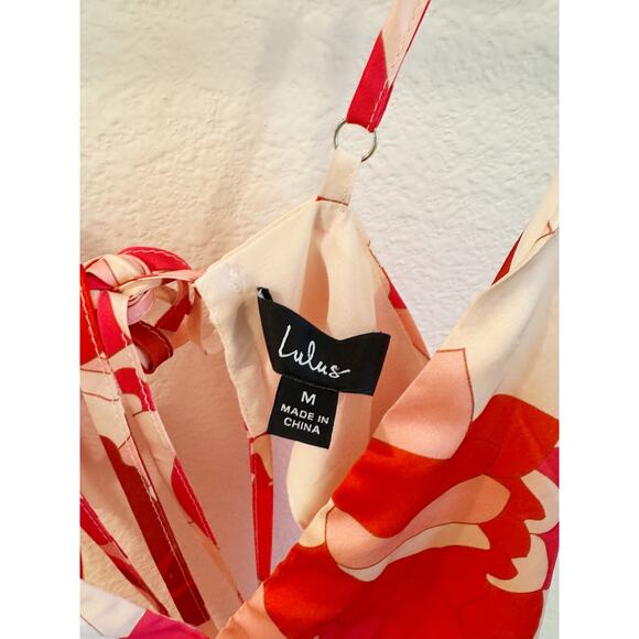 Lulu’s Front Page Hues Coral Multi Floral Print Satin Midi Dress Size Medium - Picture 5 of 6